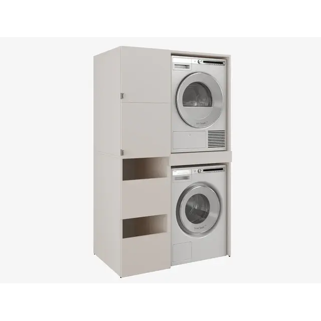 Wasmachine/wasdroger kast met lade en zij kast creme