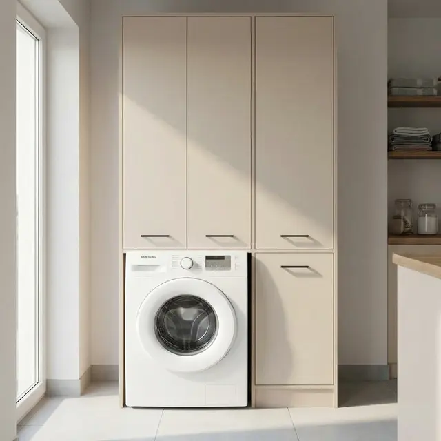 Wasmachinekast met Wasmand en 5 Legplanken  creme