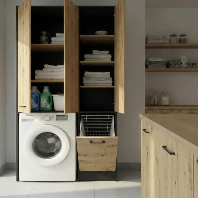 Wasmachinekast met Wasmand en 5 Legplanken  zwart eiken