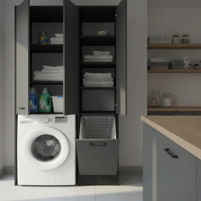 Wasmachinekast met Wasmand en 5 Legplanken  zwart antraciet