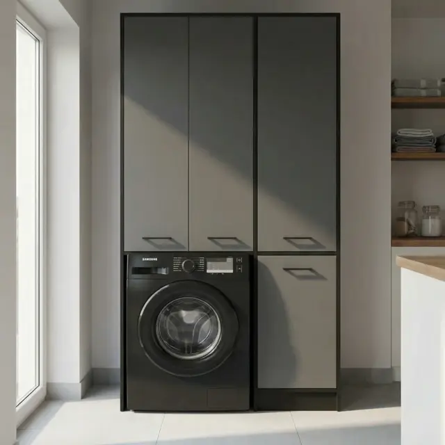 Wasmachinekast met Wasmand en 5 Legplanken  zwart antraciet