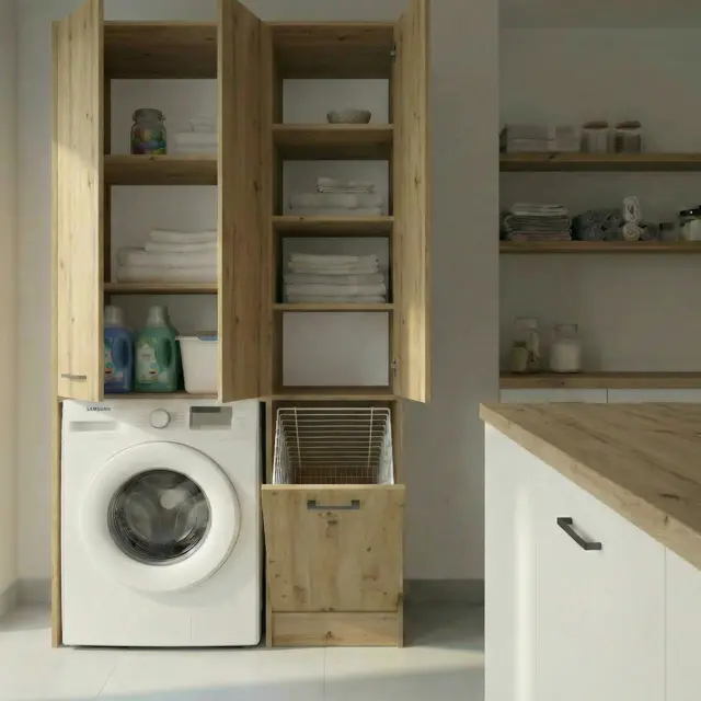 Wasmachinekast met Wasmand en 5 Legplanken  eiken