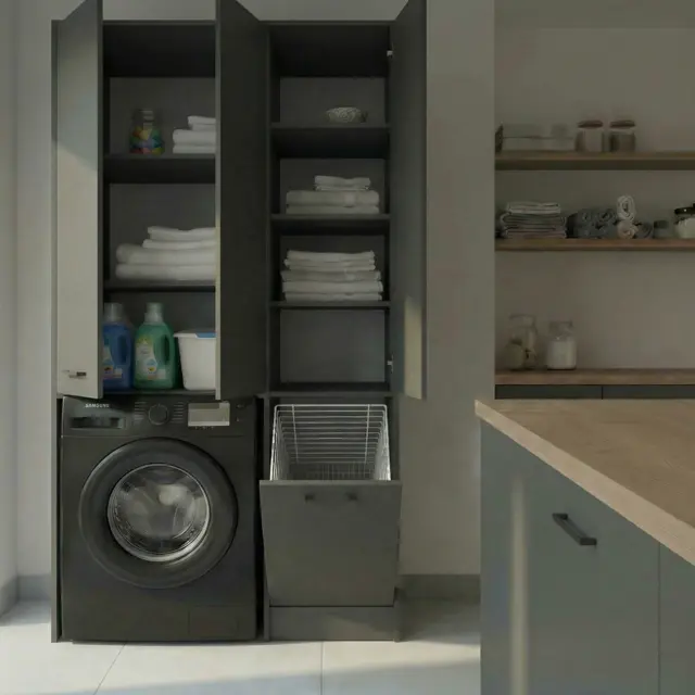 Wasmachinekast met Wasmand en 5 Legplanken  antraciet