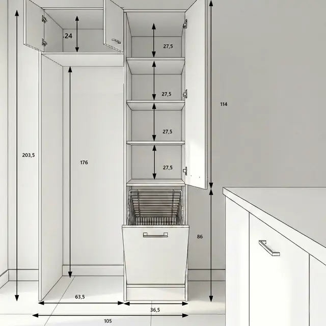 Wasmachinekast met Ombouw voor Wasdroger met zij kast, Wasmand en 3 Legplanken