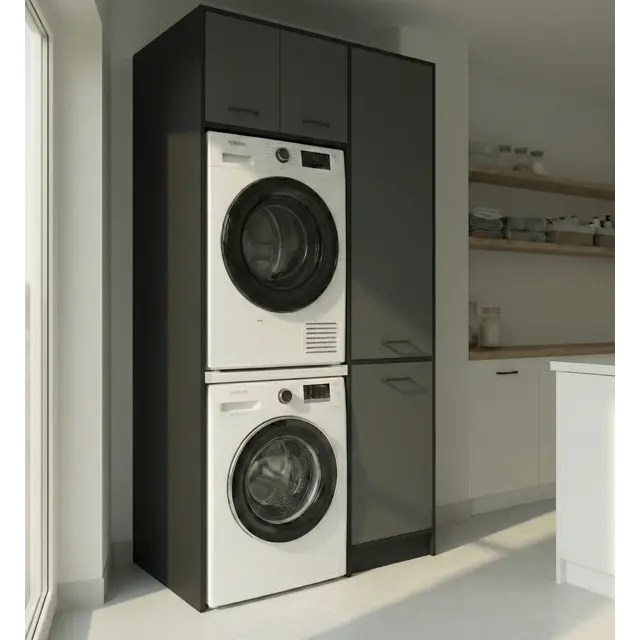Wasmachinekast met Ombouw voor Wasdroger met zij kast, Wasmand en 3 Legplanken
