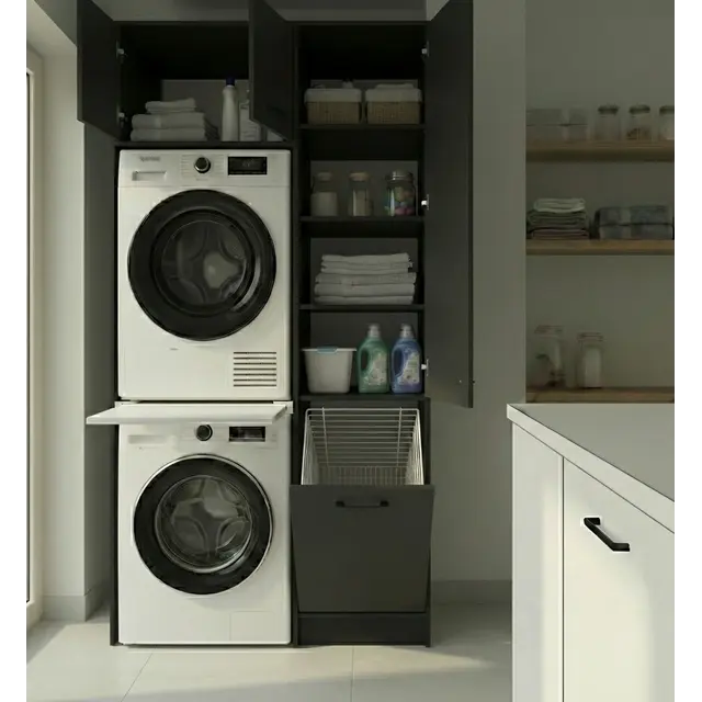 Wasmachinekast met Ombouw voor Wasdroger met zij kast, Wasmand en 3 Legplanken