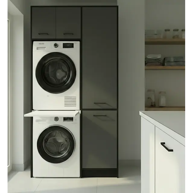Wasmachinekast met Ombouw voor Wasdroger met zij kast, Wasmand en 3 Legplanken