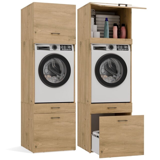 Wasmachine en wasdroger kast XL met lade eiken  set 2 stuks
