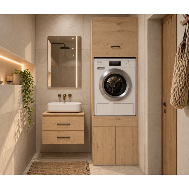 Wasmachine en wasdroger kast XL met 1 lade eiken  set 2 stuks
