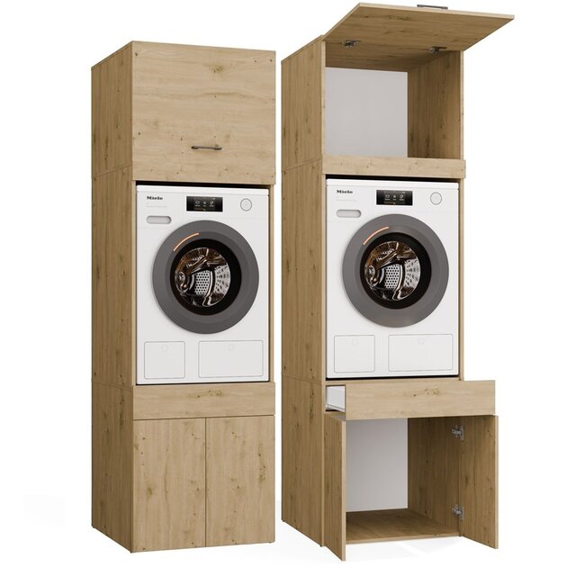 Wasmachine en wasdroger kast XL met 1 lade eiken  set 2 stuks