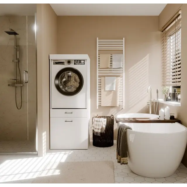 Wasmachine en wasdroger kast met 2 lades wit