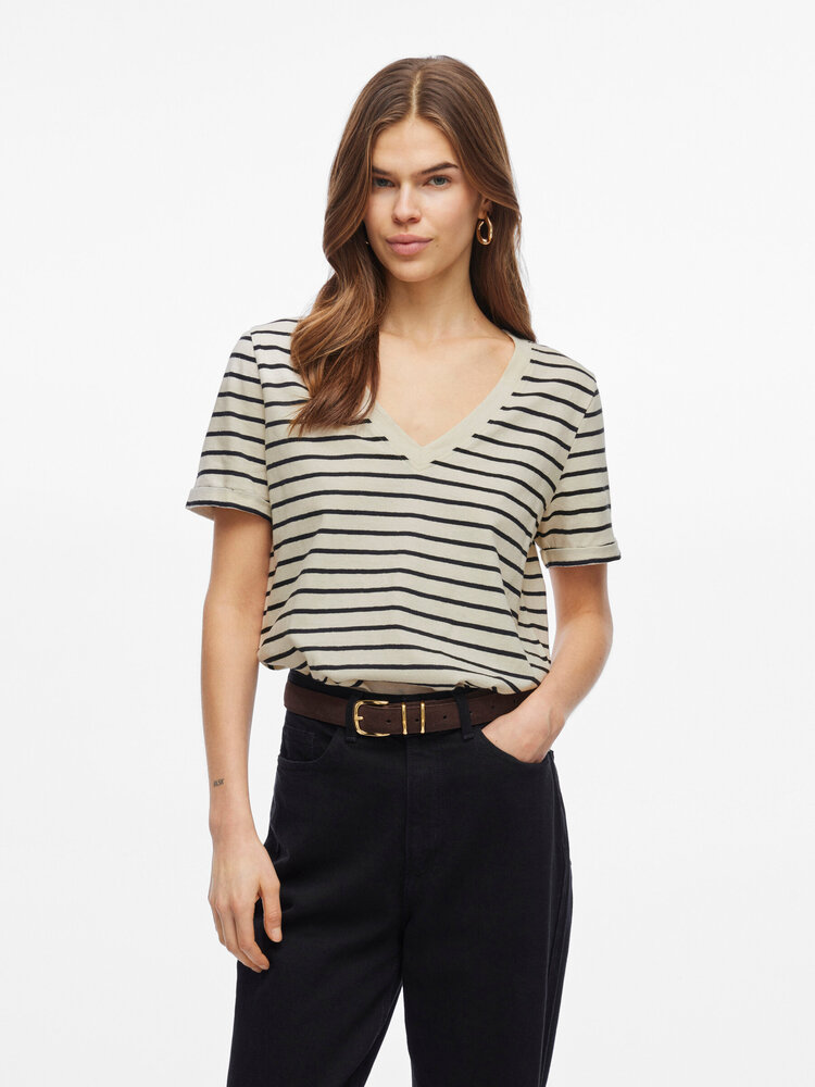 Vila Clothes vistibena v-nack stripe t-shirt - zwart