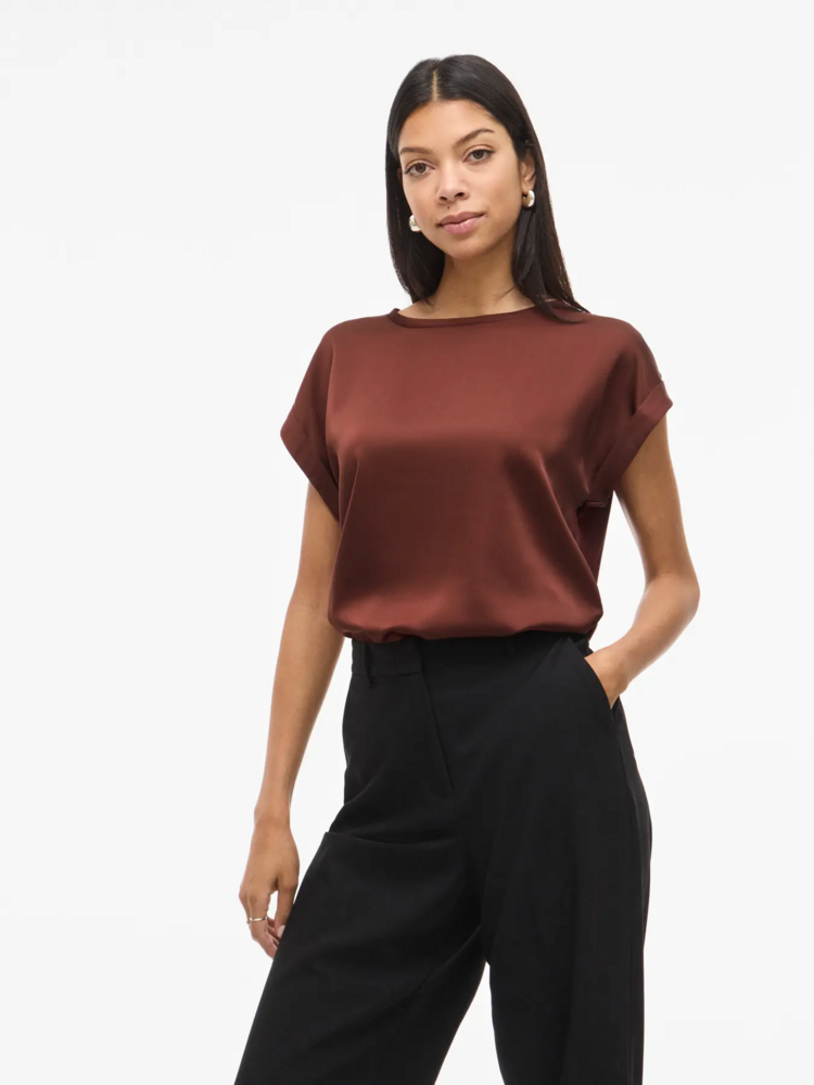 Vila Clothes viellette satin t-shirt - burnt red