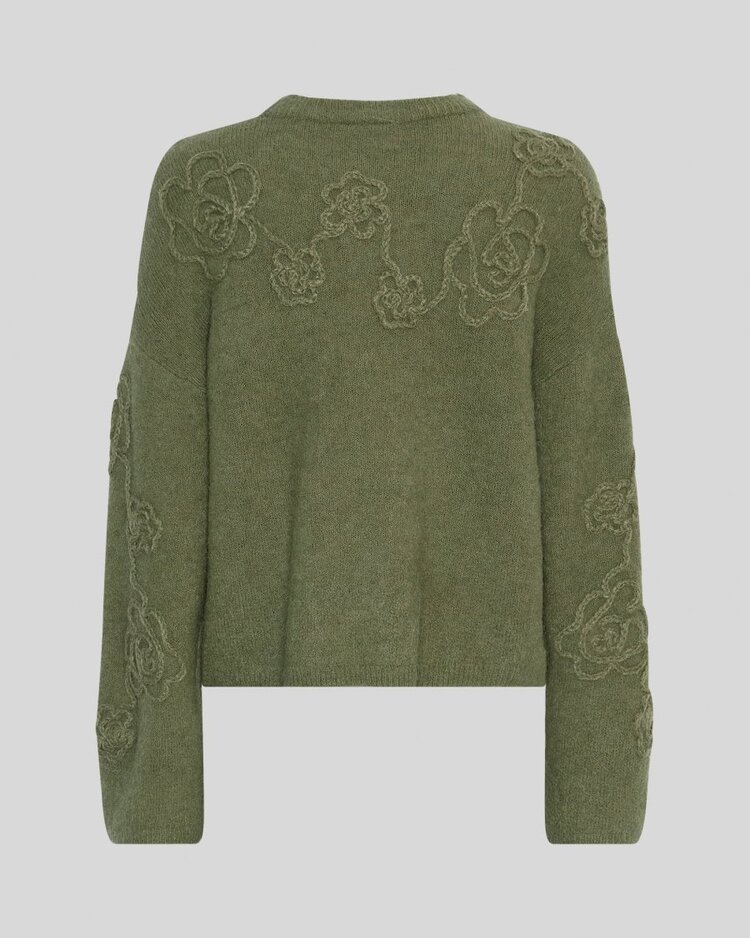 Moss Copenhagen miabelle flower apliqué swaeter - olive