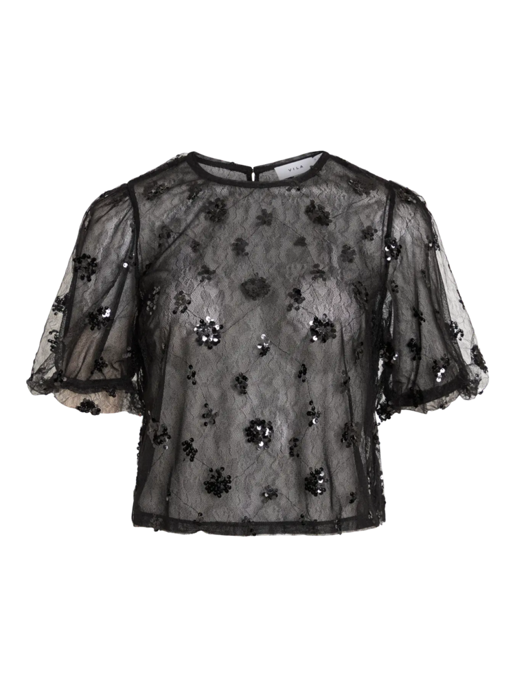 Vila Clothes viada cropped sheer sequin top - black