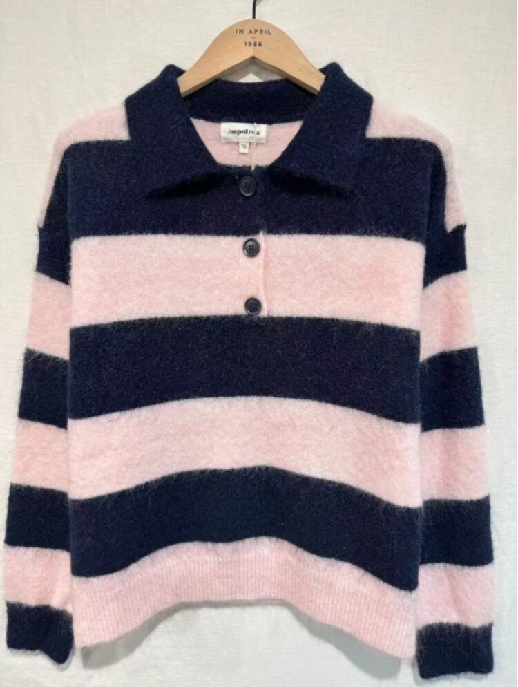 Sillie button collar striped swaeter - pink/navy