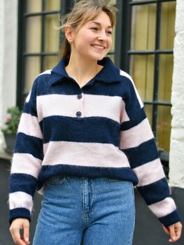 Sillie button collar striped swaeter - pink/navy
