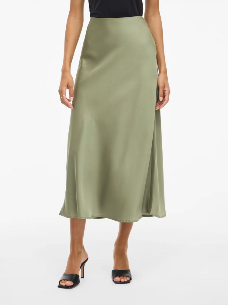 Vila Clothes viellette satin midi skirt - oil green