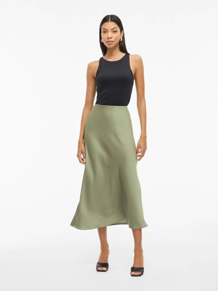 Vila Clothes viellette satin midi skirt - oil green