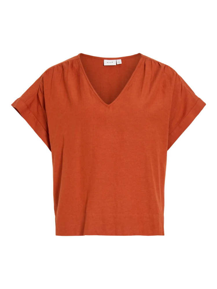 Vila Clothes viprisilla v-neck linnen blend top - terracotta