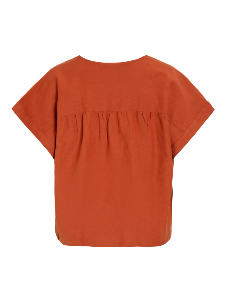 Vila Clothes viprisilla v-neck linnen blend top - terracotta