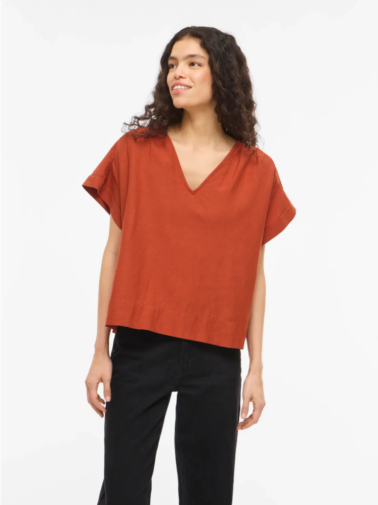 Vila Clothes viprisilla v-neck linnen blend top - terracotta