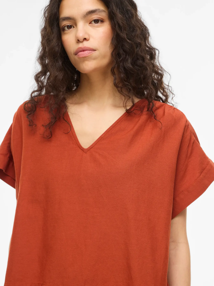 Vila Clothes viprisilla v-neck linnen blend top - terracotta