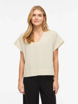 Vila Clothes viprisilla v-neck linnen blend top - beige
