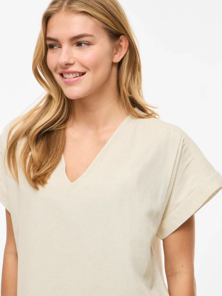 Vila Clothes viprisilla v-neck linnen blend top - beige