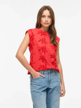 Vila Clothes vinayla sleeveless embroyered top -  red