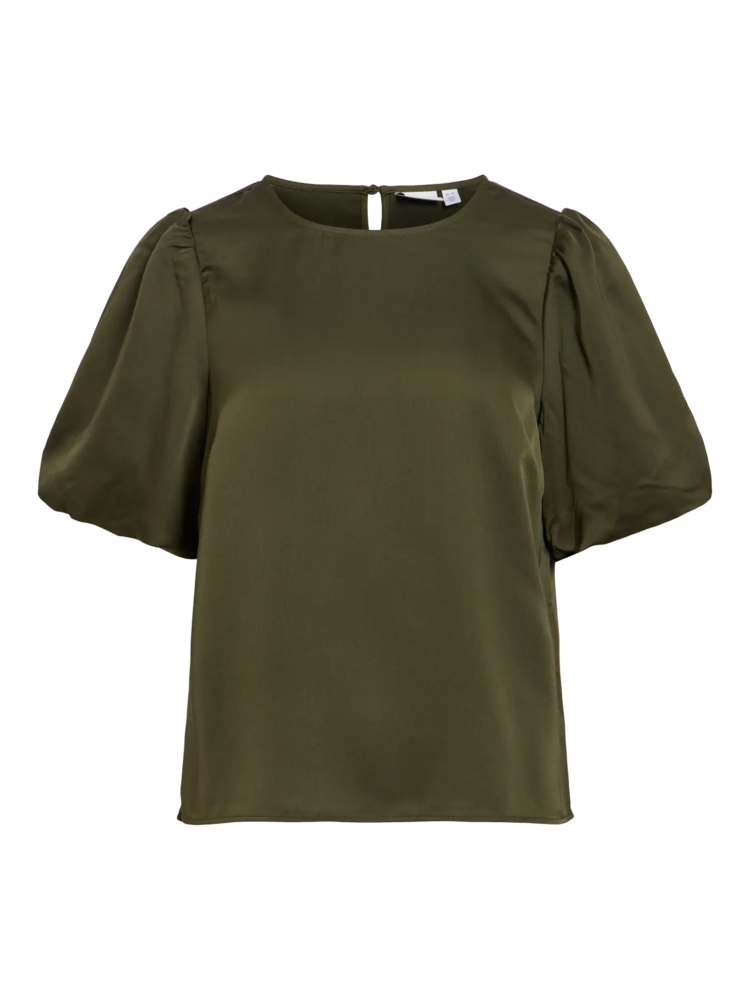 Vila Clothes viellette satin puff top - forest green