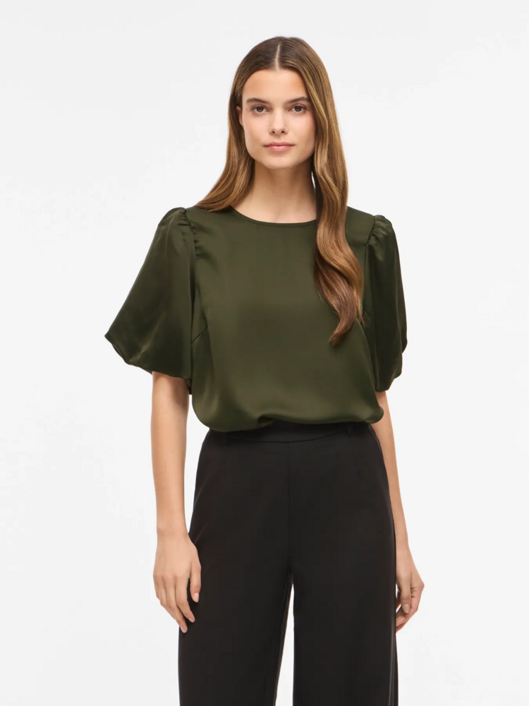 Vila Clothes viellette satin puff top - forest green