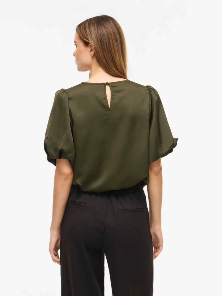 Vila Clothes viellette satin puff top - forest green