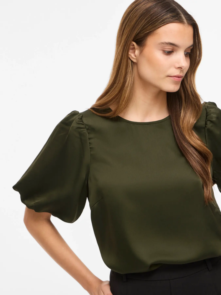 Vila Clothes viellette satin puff top - forest green