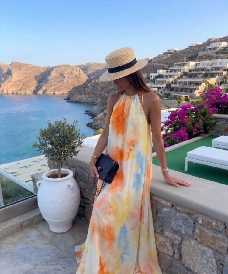 Sillie aquarel print midi dress - orange/blue