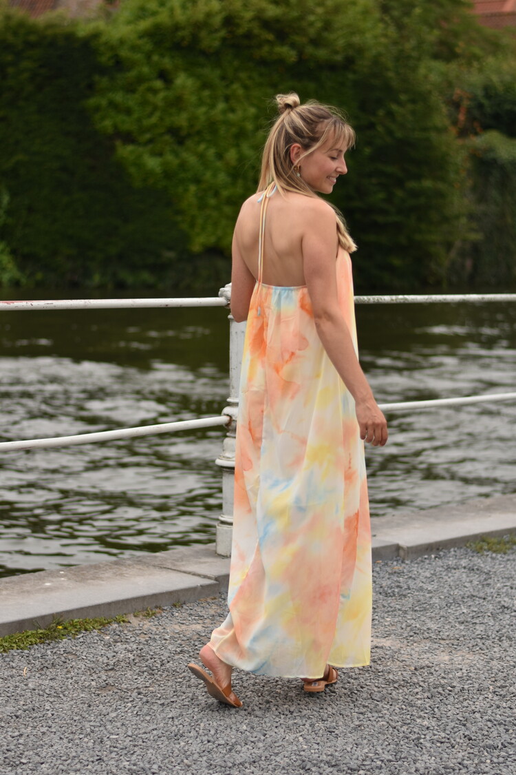 Sillie aquarel print midi dress - orange/blue
