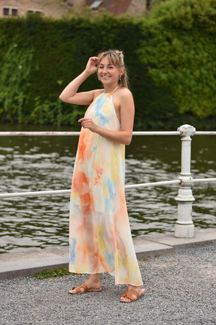 Sillie aquarel print midi dress - orange/blue