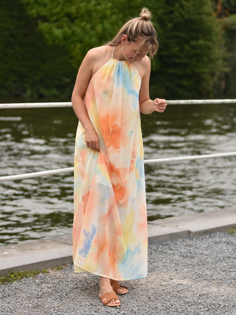 Sillie aquarel print midi dress - orange/blue