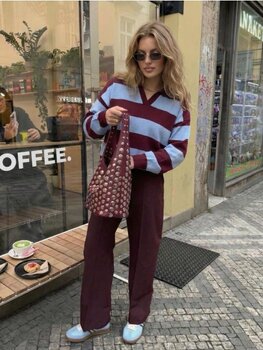 Vila Clothes stripe long sleeve polo - burgundy/blue