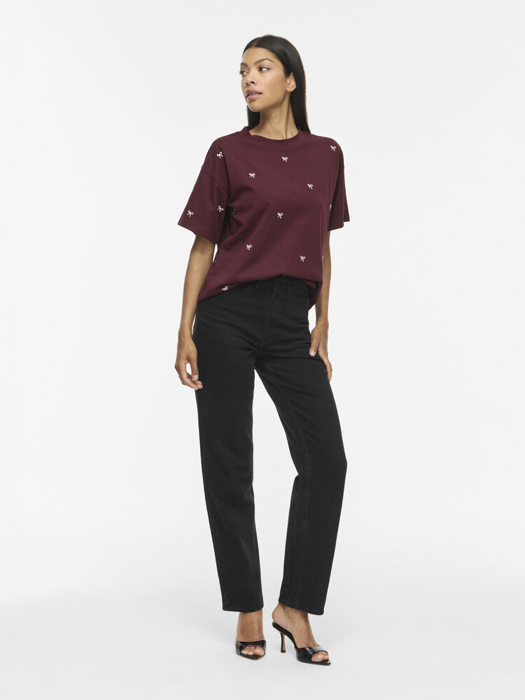 Vila Clothes vimonie t-shirt bow embroidery - burgundy