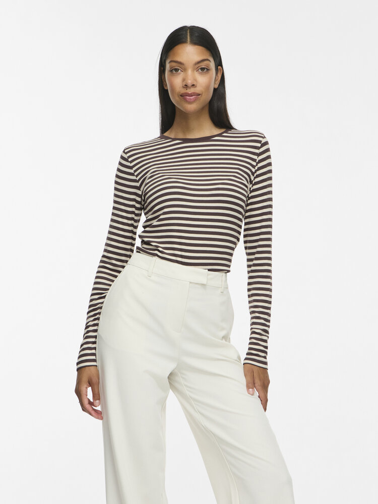 Vila Clothes viavera stripe long sleeve shirt - brown/white