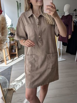 Sillie short sleeve front pockets jeans dress - taupe