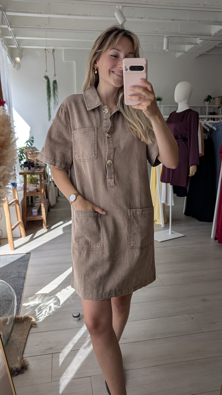 Sillie short sleeve front pockets jeans dress - taupe
