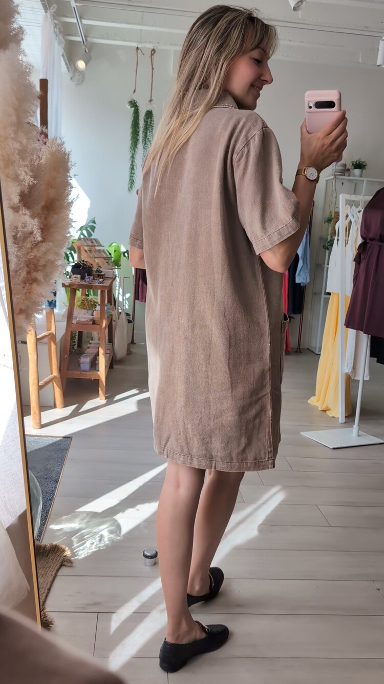 Sillie short sleeve front pockets jeans dress - taupe