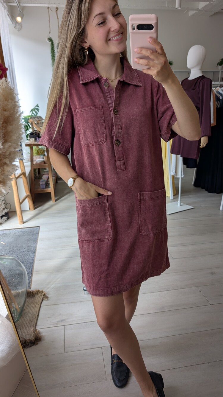 Sillie short sleeve front pockets jeans dress - washed pink