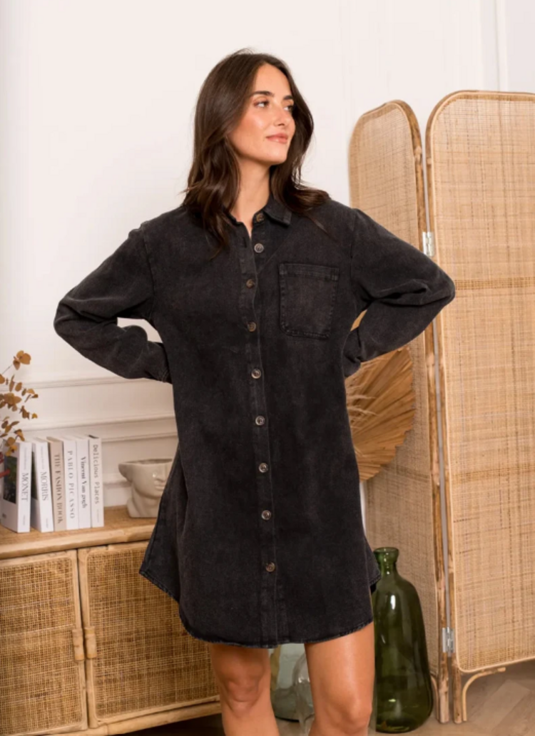 Sillie long sleeve front pocket jeans dress - dark grey