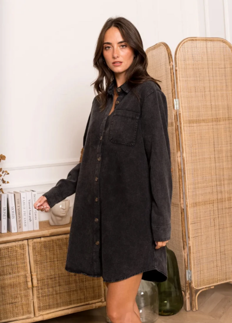 Sillie long sleeve front pocket jeans dress - dark grey