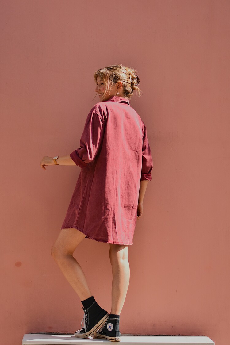 Sillie long sleeve front pocket jeans dress - burgundy