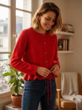 Sillie bottom ruffle waist tie cardigan - red