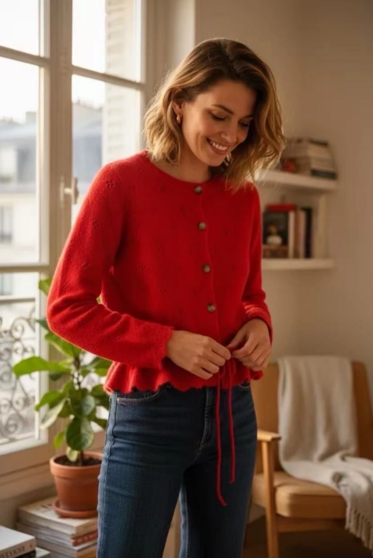 Sillie bottom ruffle waist tie cardigan - red